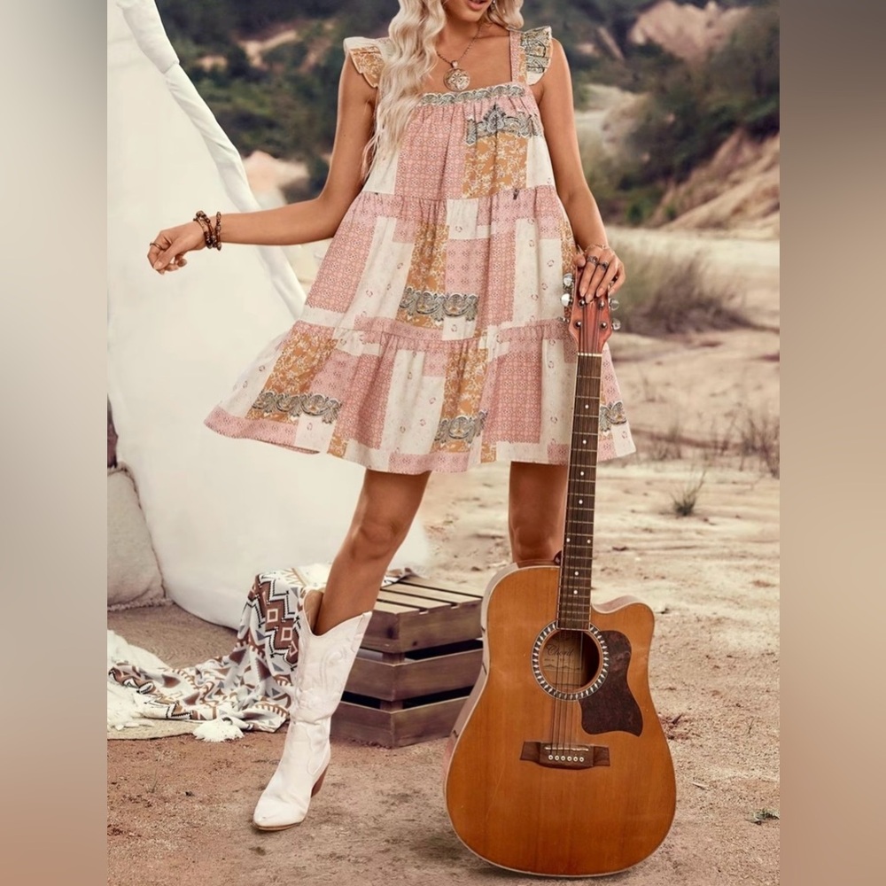 Chic Patchwork boho Midi Dress Pink and Cream S, M or L